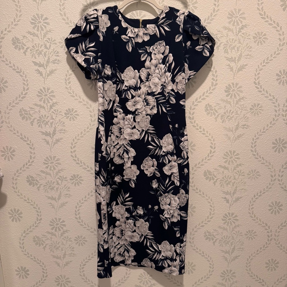Calvin Klein Navy Blue and White Floral Midi Dress